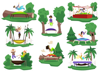 Happy people jumping on trampoline outdoors or in the backyard, flat vector illustration isolated on white background.