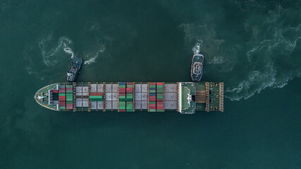 Aerial top view container cargo ship tugboat, Global business logistic import export transportation sea freight, Container cargo vessel ship, Cargo container deep sea port industrial import export.