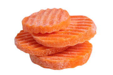 Fresh carrot slices frozen in ice on white background