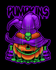 Pumpkin Monster for Halloween Japanese Illustration Style Isolated Vector. Editable Layer and Color. Pumpkin Monster with The Witcher Costume for Halloween Event.