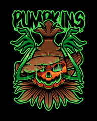 Pumpkin Monster for Halloween Japanese Illustration Style Isolated Vector. Editable Layer and Color. Scarecrow Pumpkin Monster with Straw Hat for Halloween Event.