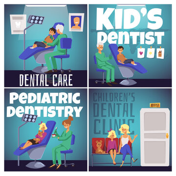 Kids dental care square posters or social media post templates, flat vector illustration.