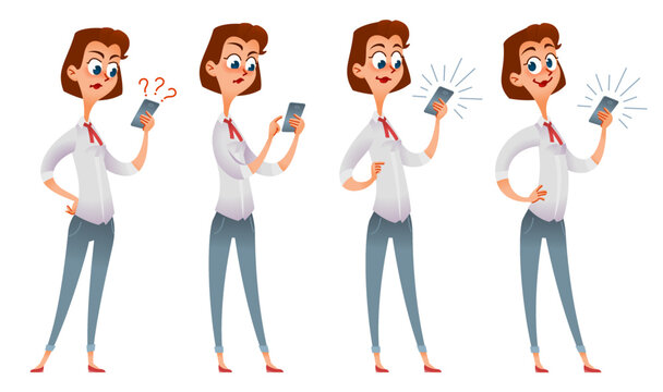 Cartoon woman finds a problem in her phone and solves it. Different emotions when working with a gadget. Advertising an application or online service. Vector illustration. Isolated on white.