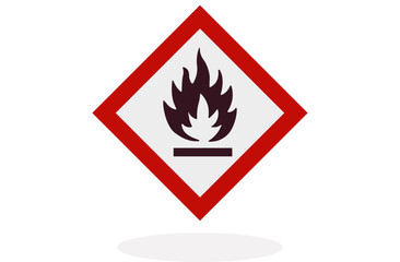 red and white sign of the safety of flammable substances with the image of fire