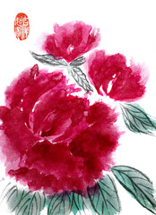 Pink peonies with leaves. China stamp with text: 