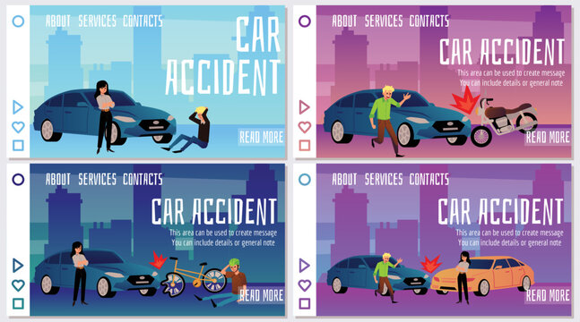 Car crash landing page templates with wrecked transport and injured people, flat vector illustration.