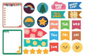 collection of weekly and daily planner sticker, notes, to do list, with lettering and cute icon. template for agenda, check list, stationery