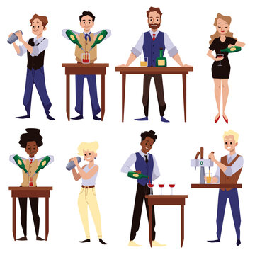 Professional bartenders preparing cocktails flat vector illustration isolated.