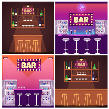 Counter with alcoholic drinks in a bar, nightclub, restaurant, cafe, set of vector flat illustration