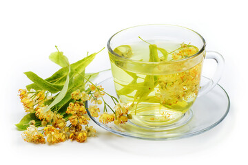 Cup of herbal tea with linden flowers on a white background