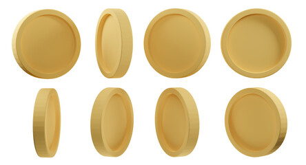 Fototapeta na wymiar 3D Set of golden coin in different shape isolated on transparent background - PNG format.