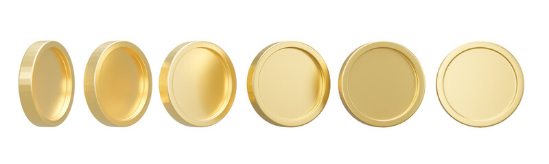 3D Set of golden coin in different shape isolated on transparent background - PNG format.