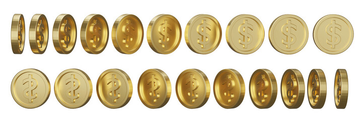 3D Set of golden dollar coin in different shape isolated on transparent background - PNG format.
