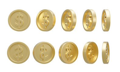 3D Set of golden dollar coin in different shape isolated on transparent background - PNG format.