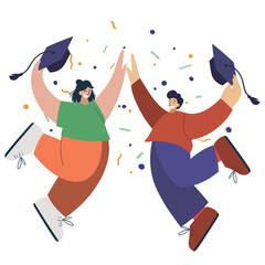 Two smilling people, graduates jumping and give five to each other with graduates caps in his hands