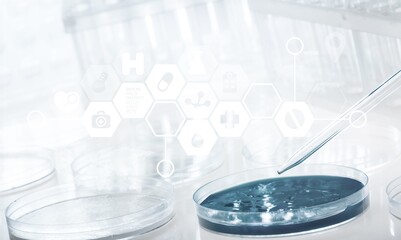 Transparent liquid gel in petri medical dish with pipette on the desk.