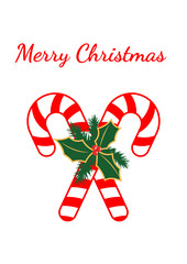 Christmas candy canes with berries and leaves. Christmas greeting card.