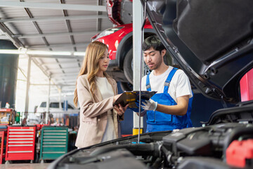 Naklejka premium Pretty woman explain the problem of car to the professional vehicle maintenance man in uniform at garage. Car repair service concept. Customer feeling happy in auto service center.