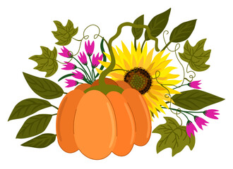 Vector bright autumn bouquet with pumpkin, sunflower anf small pink bells. Isolated on white background.