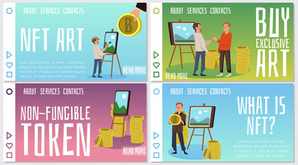 Nft artist sells a digital painting, flat vector illustration