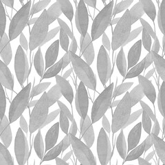 Seamless watercolor floral pattern - composition of gray leaves and branches on a white background. Perfect for wrappers, wallpapers, greeting cards and textile, romantic events.