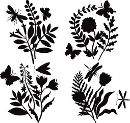 Collection hand drawn nature stickers isolated Vectors Silhouettes