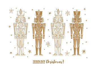 Gold Nutcracker. Cute Christmas vector poster. .