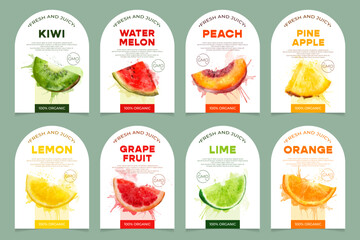 Set of 8 labels, packaging of fresh and juicy different fruits. Natural organic product, gmo free. Text with watercolor realistic fruits on white base. Template for your product. - obrazy, fototapety, plakaty