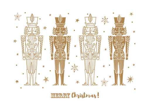 Gold Nutcracker. Cute Christmas vector poster. .