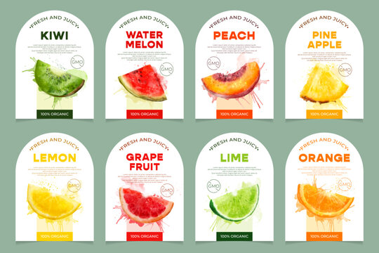Set of 8 labels, packaging of fresh and juicy different fruits. Natural organic product, gmo free. Text with watercolor realistic fruits on white base. Template for your product.