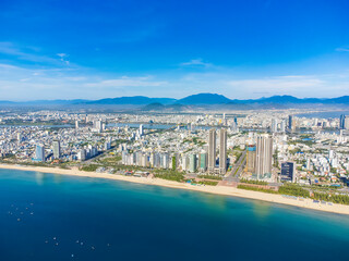 Fototapeta na wymiar Aerial view of Da Nang beach from Son Tra peninsula which is a very famous destination for tourists.