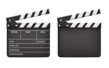 Movie clapboard opposite and front view realistic vector illustration isolated. - obrazy, fototapety, plakaty