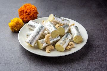 Kaju Roll mithai - A royal Traditional sweet made from cashew powder and mawa with sugar