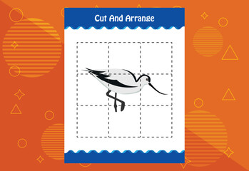 Cut and arrange with a bird worksheet for kids. Educational game for children