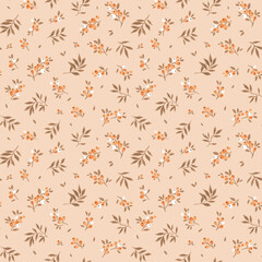 Beautiful floral pattern in small berries. Small orange flowers. Light coral salmon background. Ditsy print. Floral seamless background. The elegant the template for fashion prints. Stock pattern.