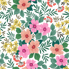 Seamless vector floral pattern. Liberty background of bright colorful realistic flowers. Print with bouquets of flowers from the garden. Bright yellow and pink flowers on a white background.