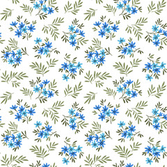 Vector seamless pattern. Pretty pattern in small flowers. Small blue flowers. White background. Ditsy floral background. The vintage template for fashion prints. Stock vector.