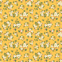 Vintage floral background. Floral pattern with white flowers on a yellow background. Seamless pattern for design and fashion prints. Liberty style. Stock vector illustration.