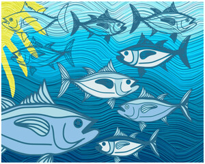 Fototapeta na wymiar Tuna, fish in water, color drawing in blue and light blue shades, for printing on paper and textiles