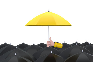 Uniqueness and individuality. Hand holding a yellow umbrella among people with black umbrellas.