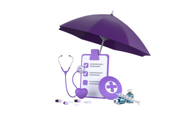 stethoscope, syringe, purple heart and check list under yellow umbrella.