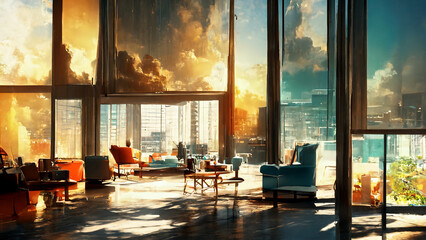 Abstract background of luxury interior with furniture and panoramic windows