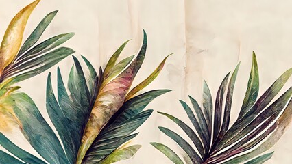 Palm leafs, organic watercolor painting on paper. Colorful, green gold luxury pastel colors. 4k background, wallpaper for banner, poster or cards. Nature illustration. Green colored leaf.