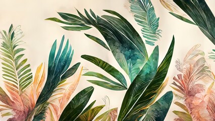 Palm leafs, organic watercolor painting on paper. Colorful, green gold luxury pastel colors. 4k background, wallpaper for banner, poster or cards. Nature illustration. Green colored leaf.
