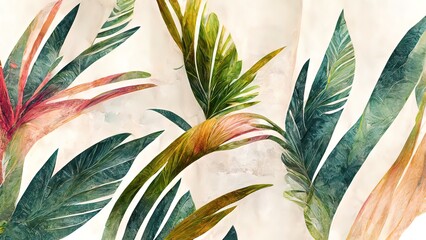 Fototapeta na wymiar Palm leafs, organic watercolor painting on paper. Colorful, green gold luxury pastel colors. 4k background, wallpaper for banner, poster or cards. Nature illustration. Green colored leaf.