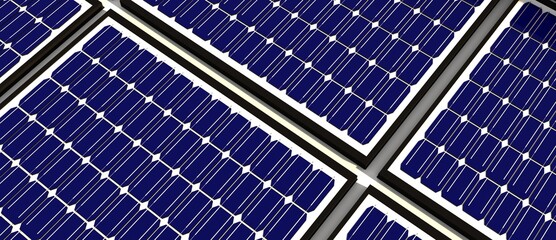 Close-up of solar cell farm power plant eco technology. Landscape of solar cell panels in a photovoltaic power plant. Sustainable resources and renewable energy concept. Blue hue. 3d illustration. - obrazy, fototapety, plakaty