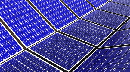 Close-up of solar cell farm power plant eco technology. Landscape of solar cell panels in a photovoltaic power plant. Sustainable resources and renewable energy concept. Blue hue. 3d illustration. - obrazy, fototapety, plakaty