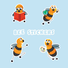 Set of bees sticker on a blue background.