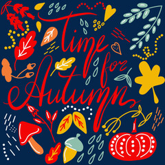 Poster with lettering and autumn leaves.