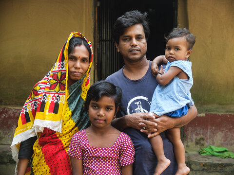 South Asian Family Photo , Bangladeshi Hindu Religious Nuclear Family , People Wearing Traditional Clothes